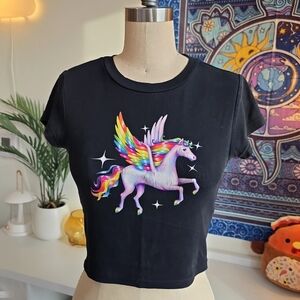 Dolls Kill Horoscopez Rainbow Pegasus Graphic Print Cropped Baby Tee